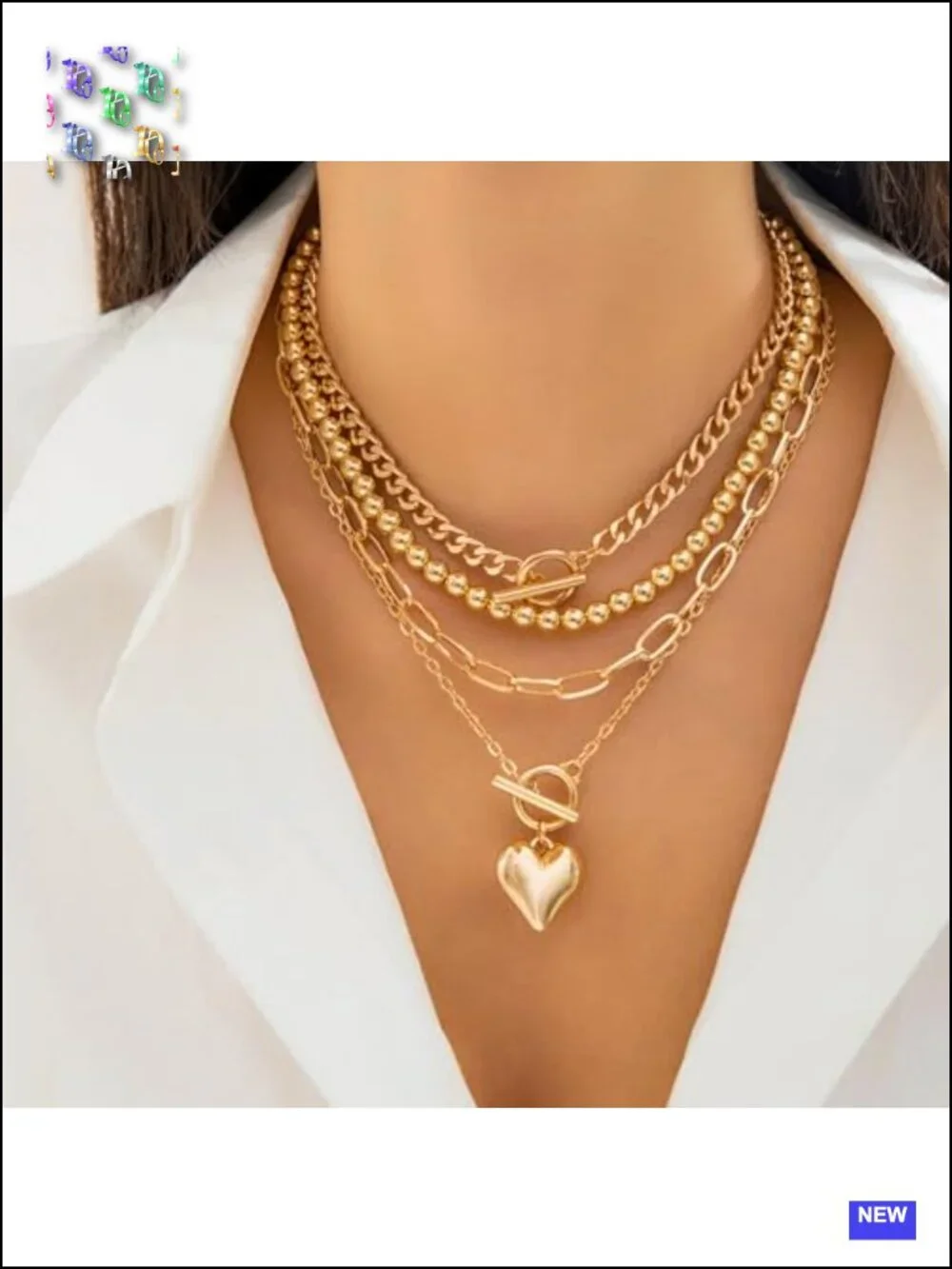4pcs Layered Gold Plated Necklace Set NonTarnish Chunky Heart Pendant